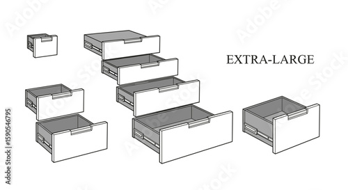 Illustration showing a set of open drawers of varying sizes in a white and gray color scheme layout design on transparent background