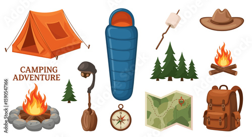 Camping equipment including a tent, sleeping bag, campfire, map, backpack and other camping items shown on transparent background