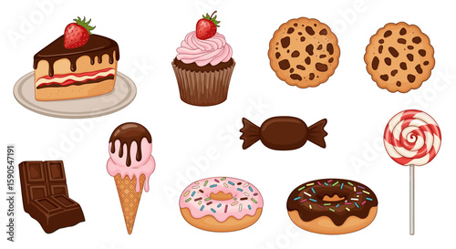 A collection of various sweets including a cake slice, cupcake, cookies, candy, lollipop, and other desserts on transparent background