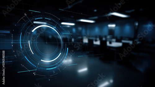 Futuristic digital interface design within a modern workspace environment