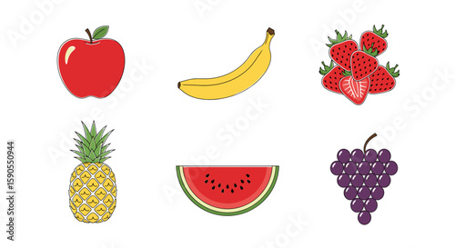 Assortment of fresh fruits including apple banana strawberries pineapple watermelon and grapes displayed nicely