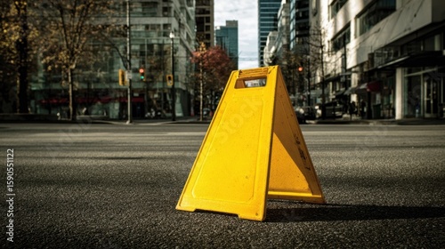 A bright yellow triangular caution sign standing out against a backdrop of pavement and city buildings highlighting the intersection of urban life and safety regulations.