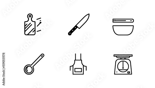 Illustration featuring kitchen utensils such as a knife, bowl, scale, spoon, and cutting board icon
