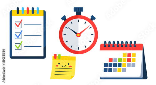 Illustration of a checklist, stopwatch, sticky note, and calendar together