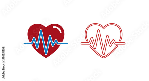 Two heart icons with electrocardiogram lines in red and blue on white background