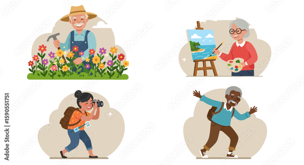Fototapeta premium Collage of seniors engaging in hobbies such as gardening painting photography and travel