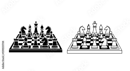 Illustration of two chessboards with chess pieces in black and white color