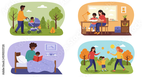 Illustrations showing scenes of parents spending time with their children indoors
