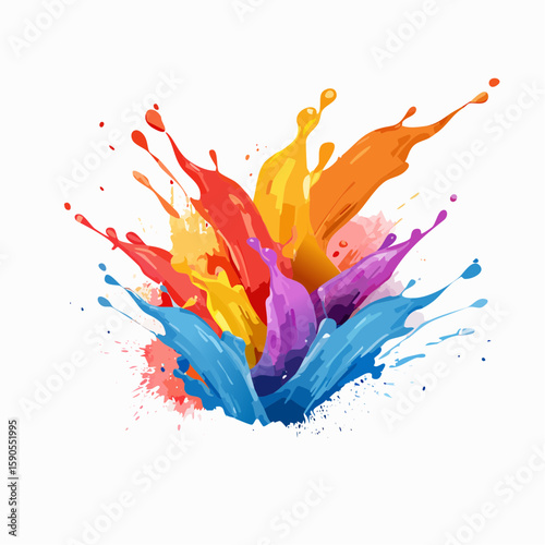 Vibrant colorful paint splashes exploding outward on a white background.