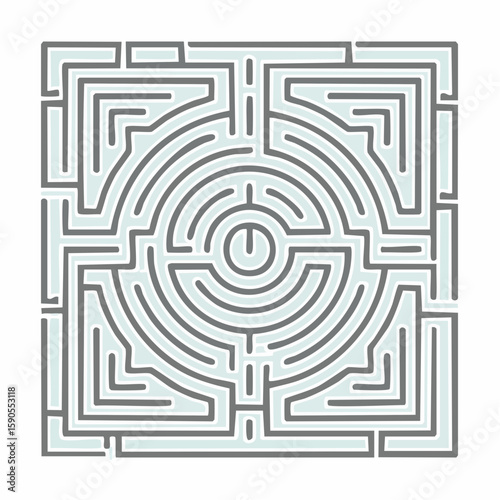 Square maze with a circular center, depicted in gray lines against a white background.