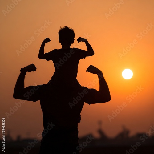 Silhouette of a father with his son on his shoulders, flexing their biceps at sunset. The backlight.