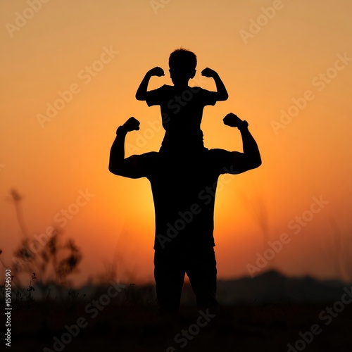 Silhouette of a father with his son on his shoulders, flexing their biceps at sunset. The backlight.