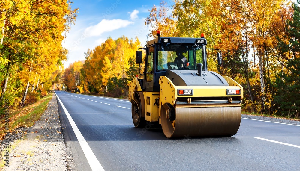 Obraz premium Asphalt road roller in autumn landscape