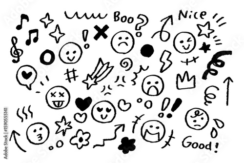 白黒手描き感情アイコンセット – クレヨンタッチの表情と記号素材