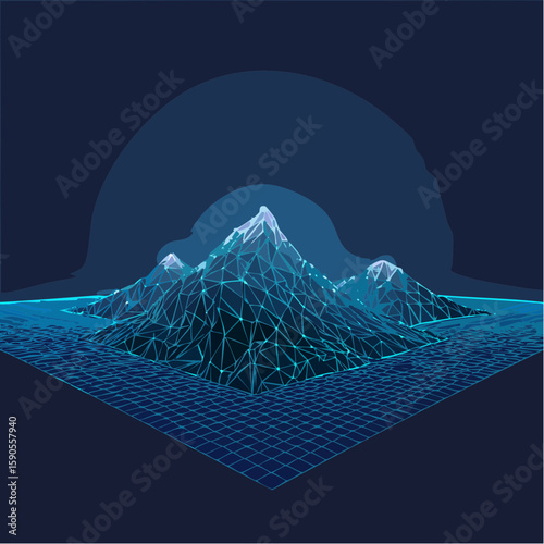 Abstract polygonal mountain range rendered in a low-poly style, digitally created, glowing blue, dark background.
