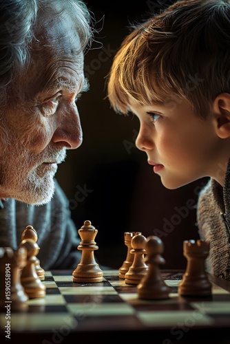 Grandfather and grandson face each other across a chessboard, the movement of the pieces and the glimmers of wisdom under the light reflect intergenerational communication