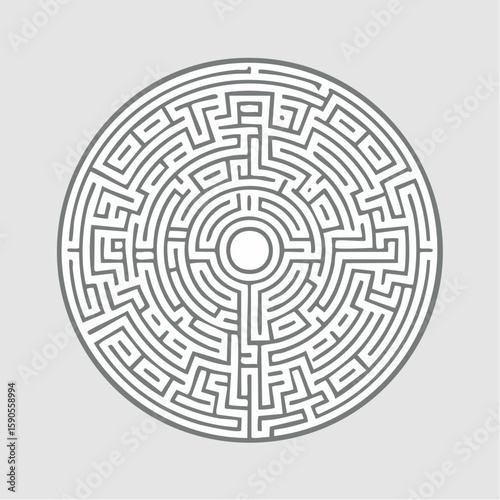 Circular maze illustration with intricate pathways and a central opening, representing a complex challenge.