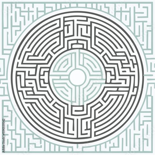 Intricate circular maze design surrounded by a larger maze pattern, creating a complex visual puzzle.