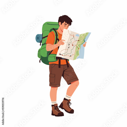 Backpacker Guy Exploring with Map – Flat Vector Character