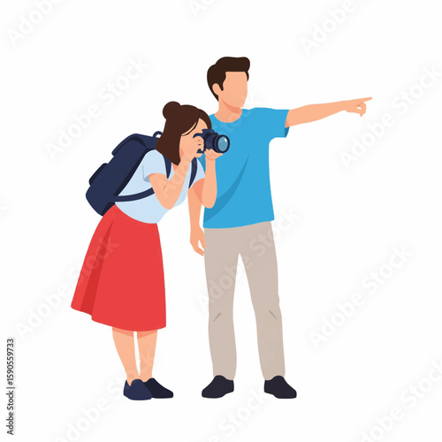 Couple Taking Photos of Landmark – Flat Vector Illustration