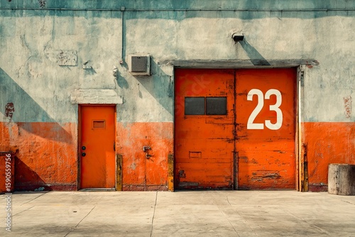 The exterior of an industrial warehouse with orange doors and the numbers 