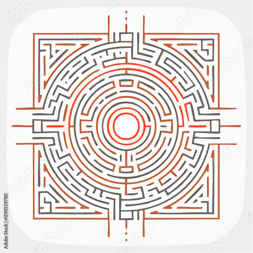Intricate circular maze illustration with red and gray lines, set against a white background.