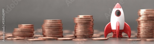 ChatGPT said: Startup Business Growth Supported by Strategic Loan Financing, Rocket standing among stacks of coins symbolizing investment and financial growth.