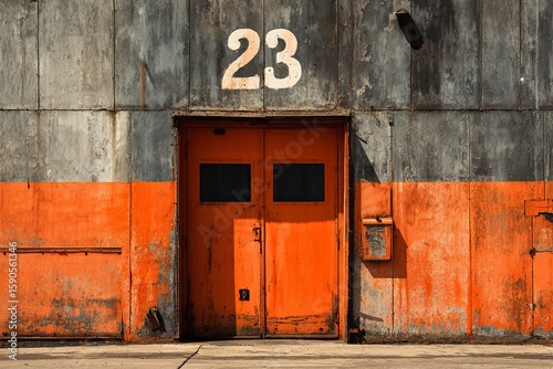 The exterior of an industrial warehouse with orange doors and the numbers 
