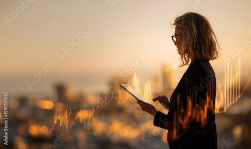 A businesswoman using her tablet with digital screens and graphs on the screen against a city background, in a double exposure. The business woman is holding an electronic device in her hand, showing 