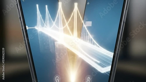 Smartphone displays a glowing augmented reality bridge over a digital city
