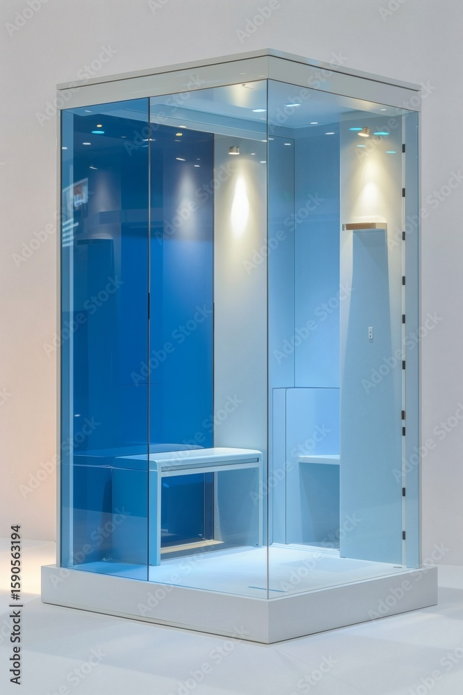 Fototapeta premium The blue and white exhibition booth, set against a soft and warm background