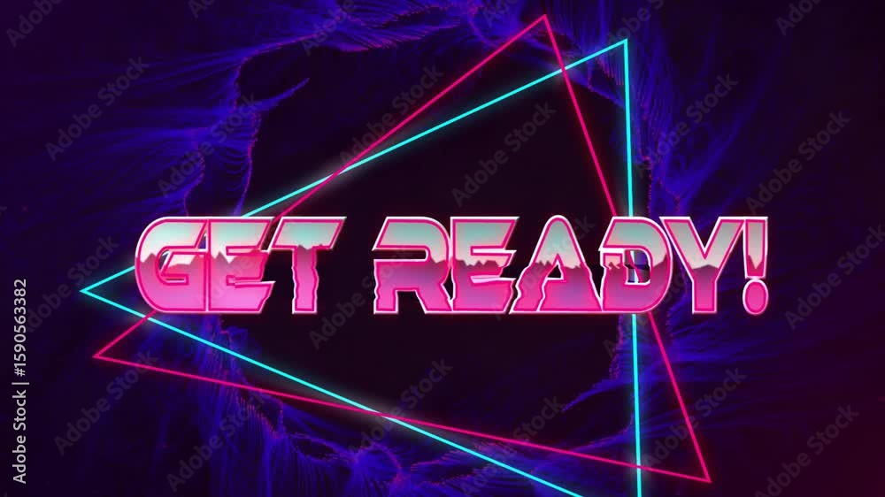 Rotating neon wireframe launching GET READY! fading with pulsing ring and laser tracing triangles