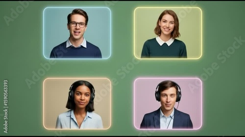Four diverse people in video call windows, smiling and engaging in online communication