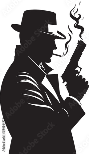 Silhouette man wearing hat and trench coat smoking gun smoke vector