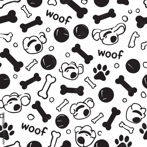 Playful dog faces bones and paws pattern woof text black and white