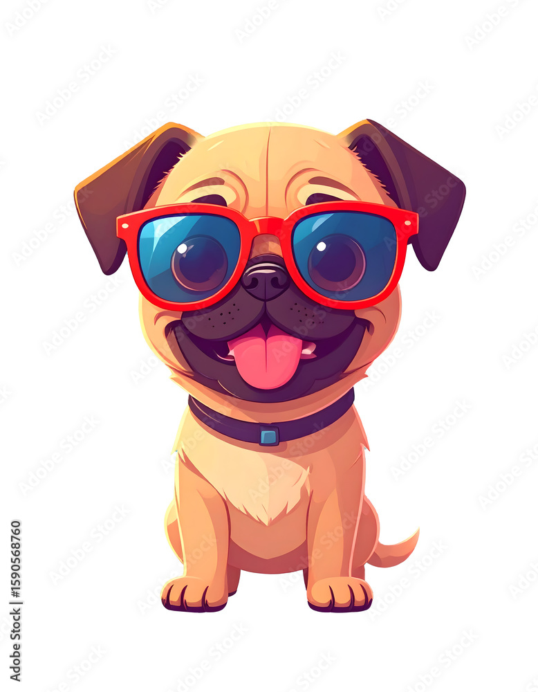 Naklejka premium Cute baby brown cartoon Pug dog standing and wearing red sunglasses isolated on Transparent Background.