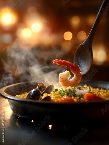 Spanish paella is vibrant in color, with rice mixed with shrimp