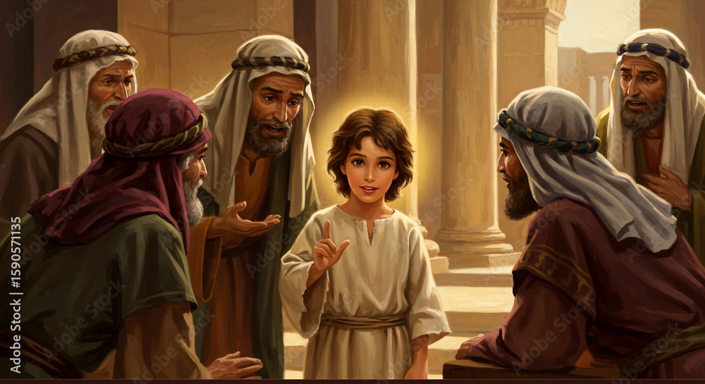 Naklejka premium Young boy speaking to elders in temple with light around him and pillars in the background scene