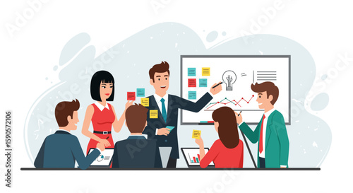 Team brainstorming session illustration, perfect for websites, presentations, or marketing materials related to teamwork, collaboration, and innovation.
