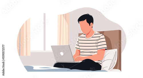 Man working on laptop in bed, perfect for blogs about remote work, work-life balance, or freelance lifestyle.
