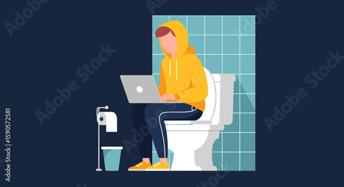Illustration of a person working on a laptop while sitting on a toilet; perfect for articles about remote work, work-life balance, or humorous content.