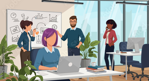 Illustrative image of a diverse team collaborating in a modern office, perfect for website banners, presentations, or marketing materials.