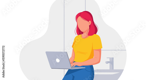 Illustration of a woman working on a laptop, perfect for websites, blogs, or social media posts about remote work, technology, or productivity.