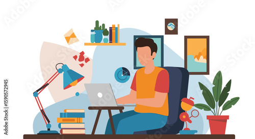 Illustration of a person working from home, perfect for blogs, websites, or social media posts about remote work, productivity, or home office design.
