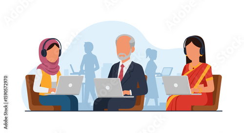 Diverse team working remotely on laptops, ideal for websites, presentations, or social media posts highlighting remote work, global collaboration, or diversity in the workplace.