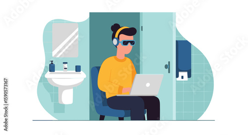 Person working on laptop in a bathroom.  Perfect for articles on work-life balance, remote work challenges, or humorous illustrations.