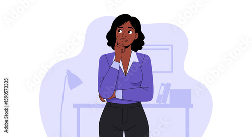 Thoughtful businesswoman illustration perfect for websites, presentations, or social media posts related to business, strategy, or decision-making.