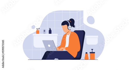 Woman working on laptop in bathroom, perfect for blog posts about remote work, work-life balance, or unusual workspaces.