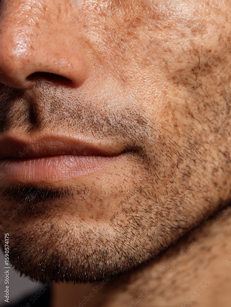 Obraz premium Latin male skin with scattered dark spots on the surface. Focus only on the texture without seeing the face part. Suitable for products to reduce freckles/melasma/dark spots.