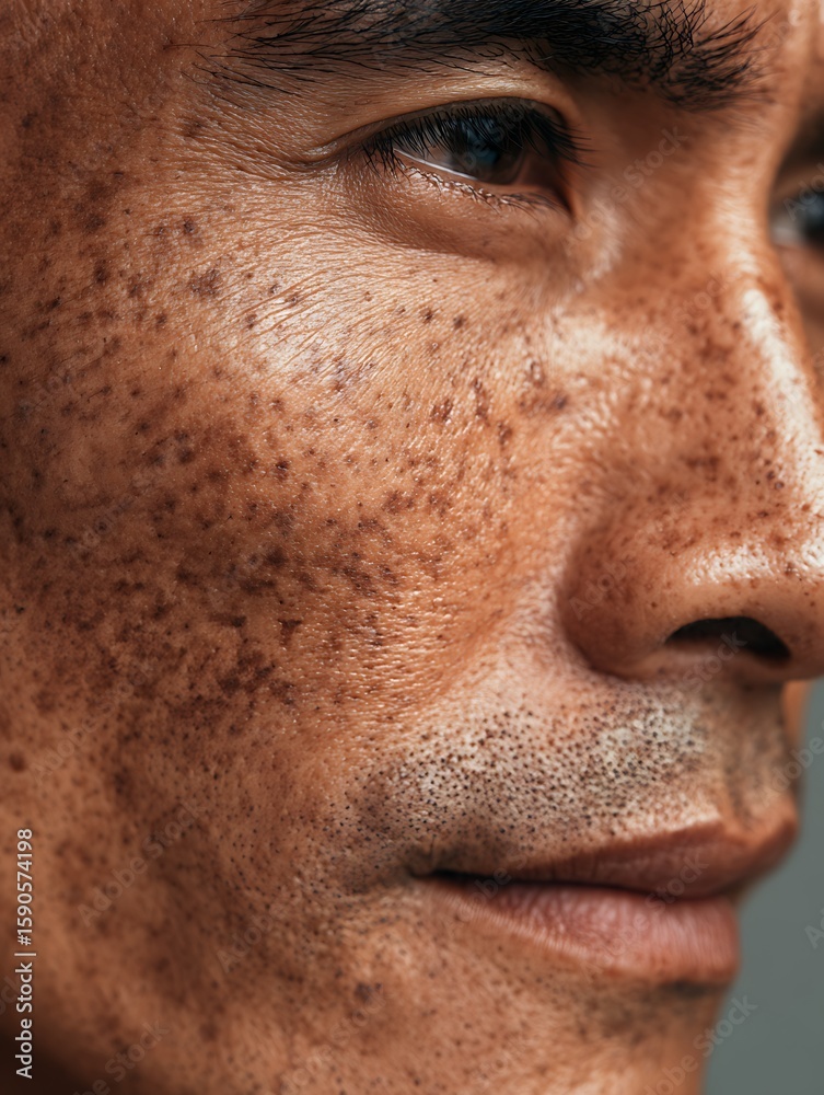 Fototapeta premium Latin male skin with scattered dark spots on the surface. Focus only on the texture without seeing the face part. Suitable for products to reduce freckles/melasma/dark spots.